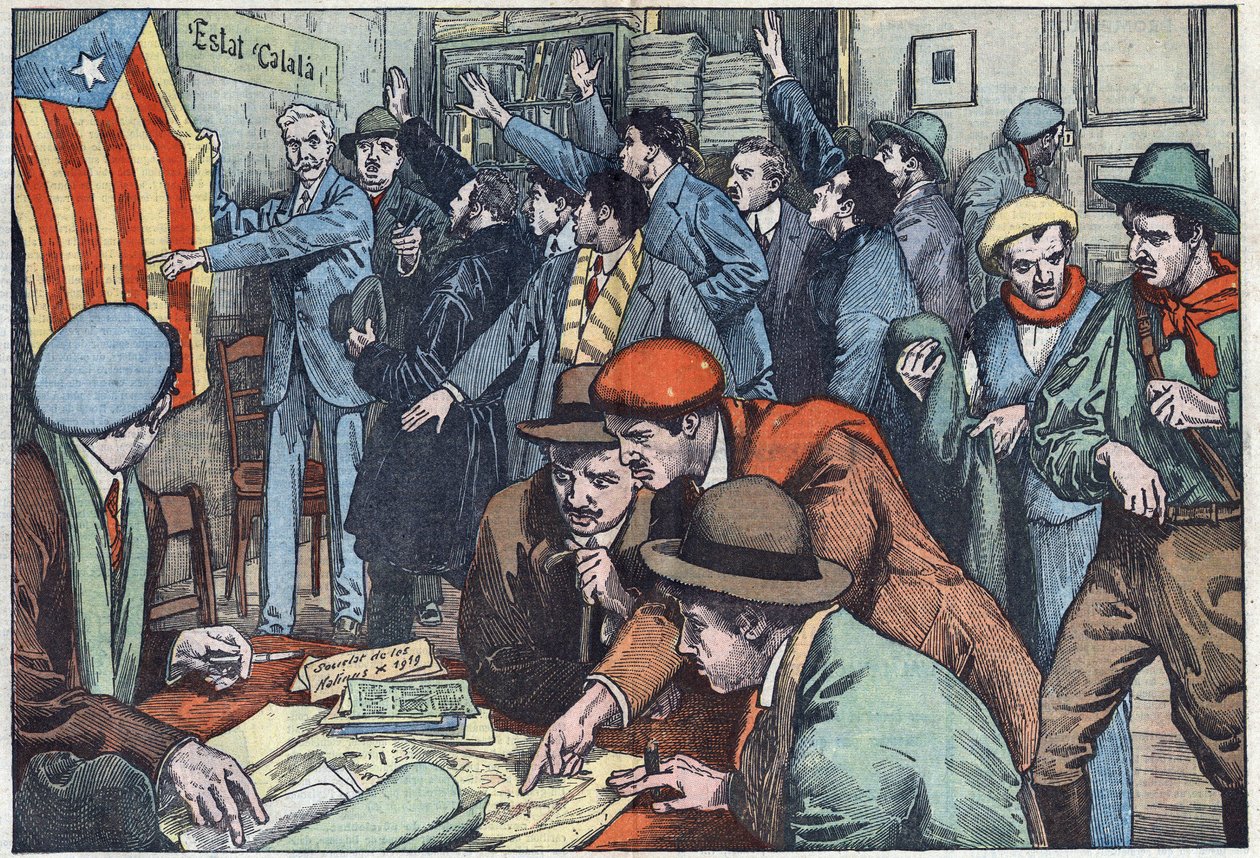 Les séparatistes catalans préparent leur complot à Paris. Illustration de Damblans. Dans « Le Pèlerin » du 28 novembre. - Eugene Damblans