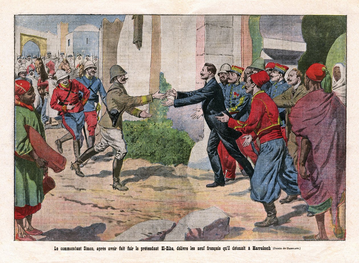 Événements du Maroc, prise de Marrakech par les troupes de Hubert Lyautey (1854-1934) et Charles Mangin (1866-1925). Le commandant Simon, après avoir fui le prétendant El-Hiba (Ahmed al-Hiba), a libéré les neuf - Eugene Damblans