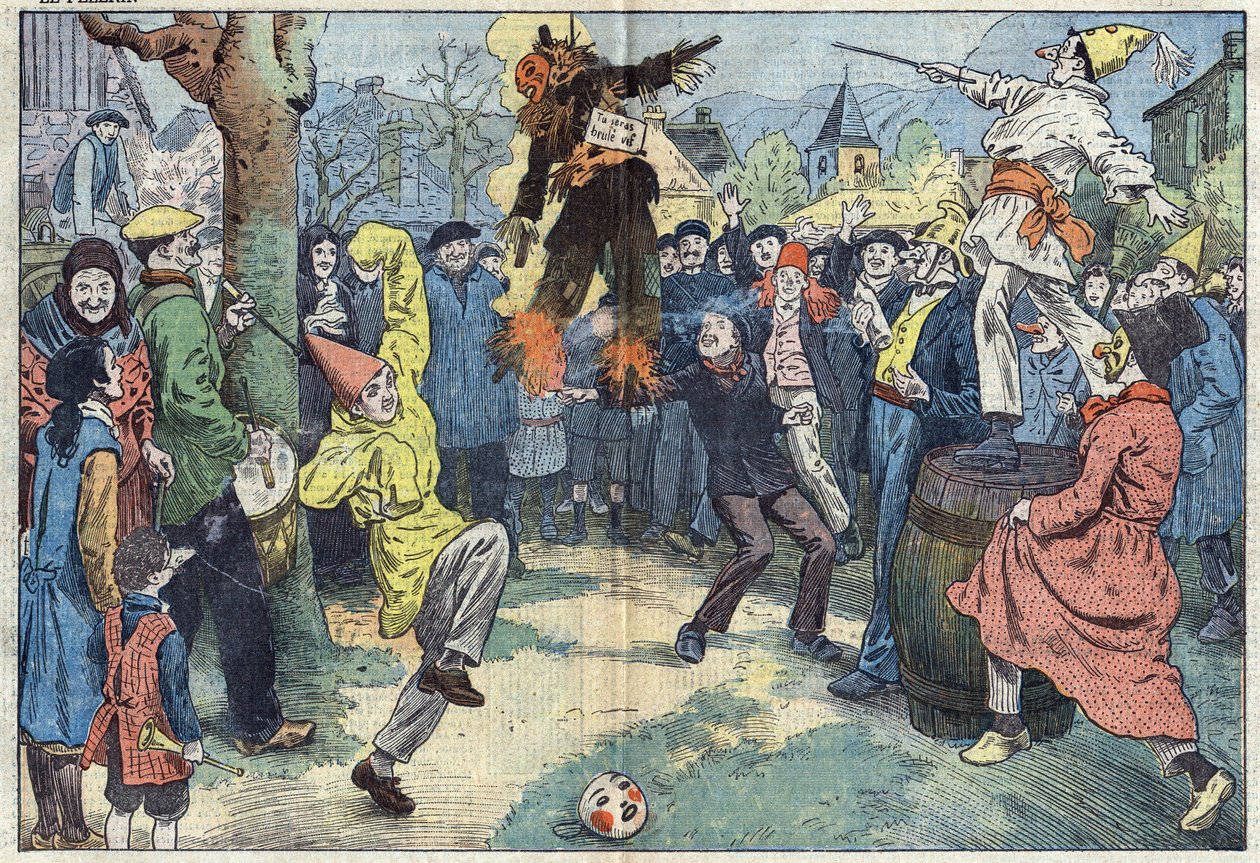 Vieilles coutumes : la crémation du « Carnaval », le soir du Mardi Gras, représente les plaisirs et les bonnes choses abandonnées au seuil du Carême. Illustration de Damblans. Dans « Le Pèlerin » du 16 mars - Eugene Damblans