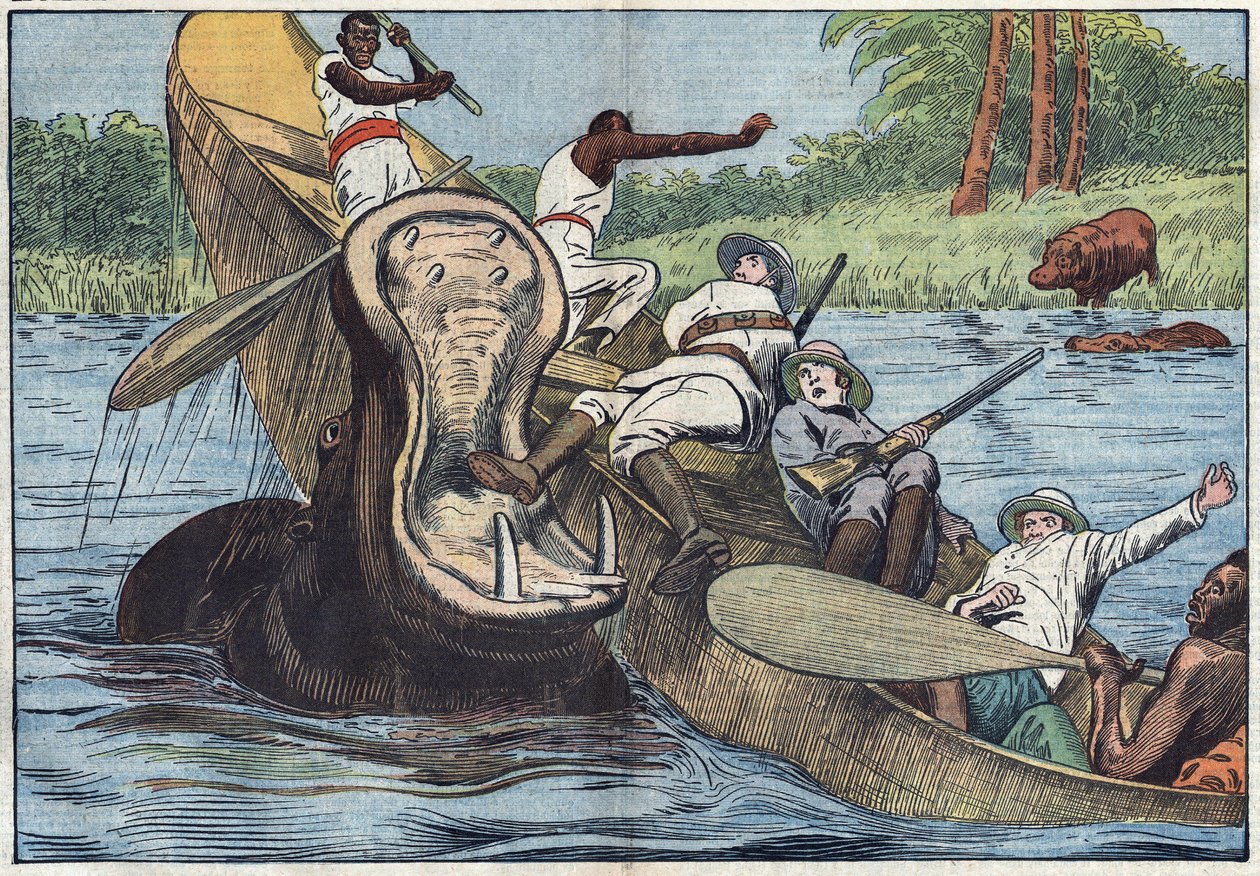 Sur le lac Victoria, en Afrique, un bateau occupé par des missionnaires anglicans et des indigènes est renversé par un hippopotame blessé. Illustration de Damblans. Dans « Le Pèlerin » du 16 mai. - Eugene Damblans