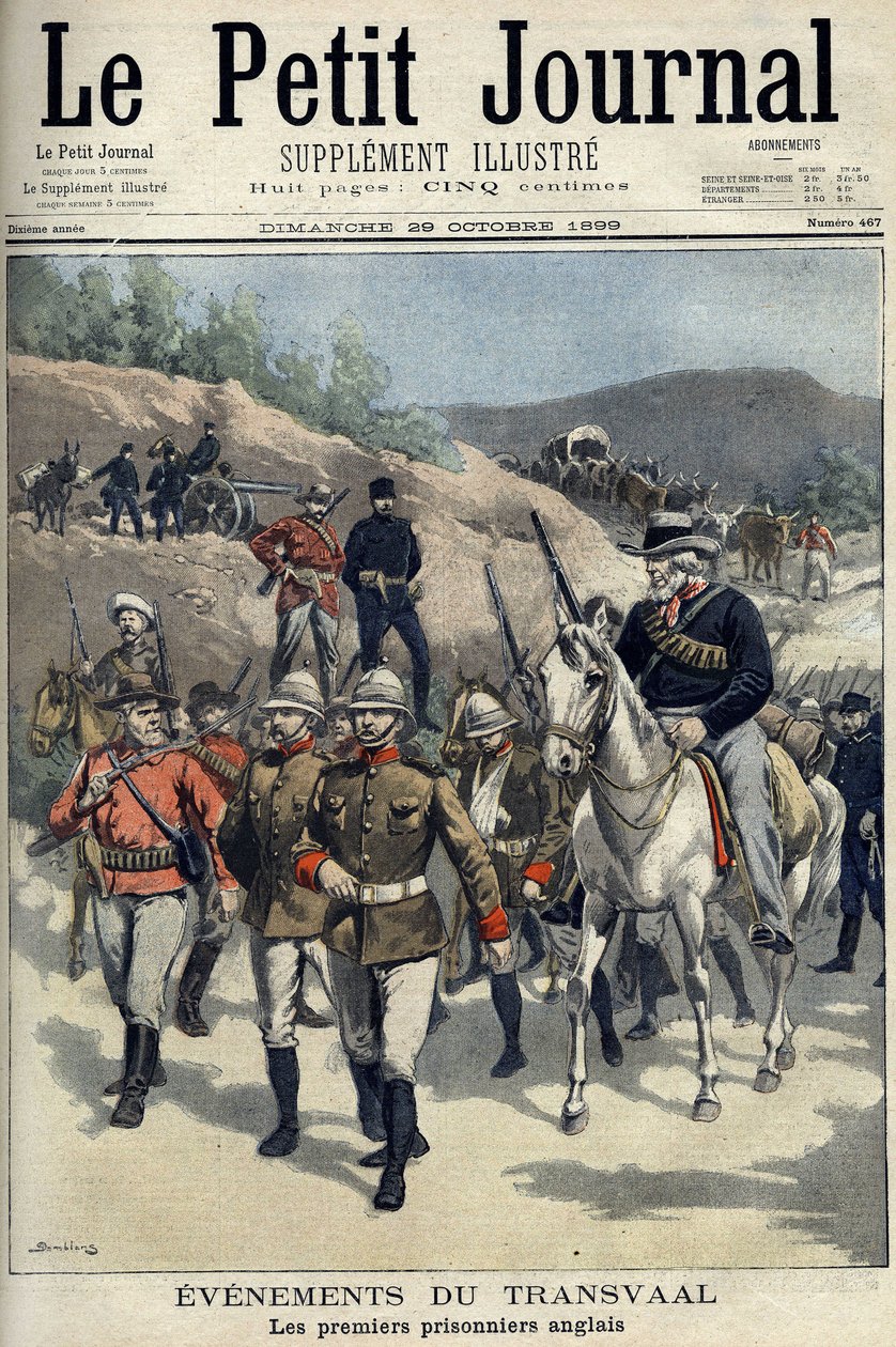 Afrique du Sud - Guerre des Boers. Événements du Transvaal. Premiers prisonniers anglais capturés par les Boers. Dessin de Damblans. « Le Petit Journal », 29 octobre - Eugene Damblans