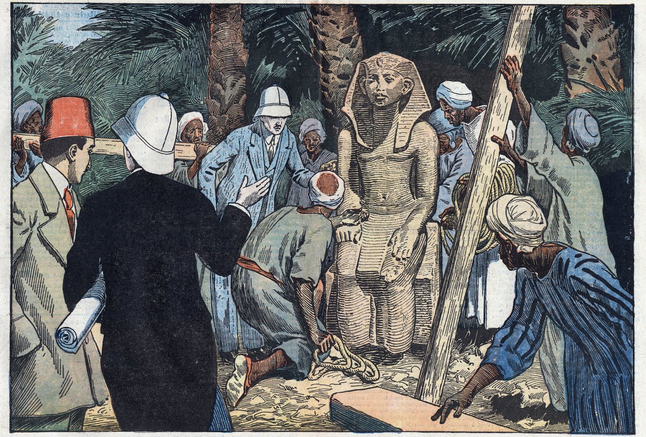 La mission archéologique française découvre une statue de Sésostris III adolescent qui sera apportée au Louvre. Médamoud, ancienne Thèbes, Égypte. Illustration de Damblans. Dans « Le Pèlerin » du 22 novembre - Eugene Damblans