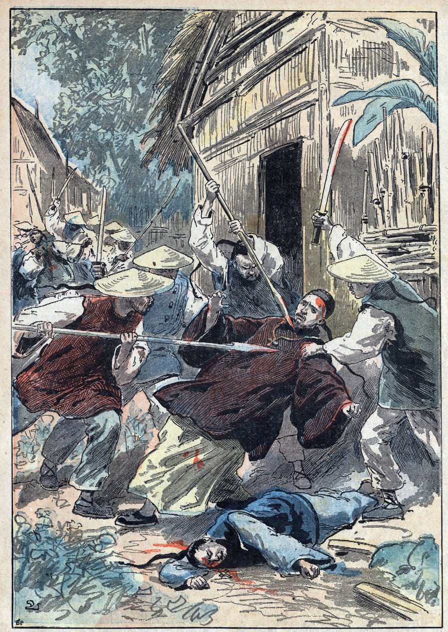 Le prêtre français Berthollet, missionnaire des Missions Étrangères, assassiné par des gardes nationaux chinois près de la ville de Yun Ngan Cheou le 21 avril 1898. Illustration de Damblans dans « Le Pèlerin » du 10 juillet - Eugene Damblans