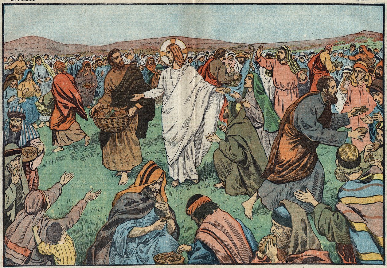 La multiplication des pains : sur les rives du lac de Tibériade, Jésus-Christ satisfait la population en multipliant cinq pains d