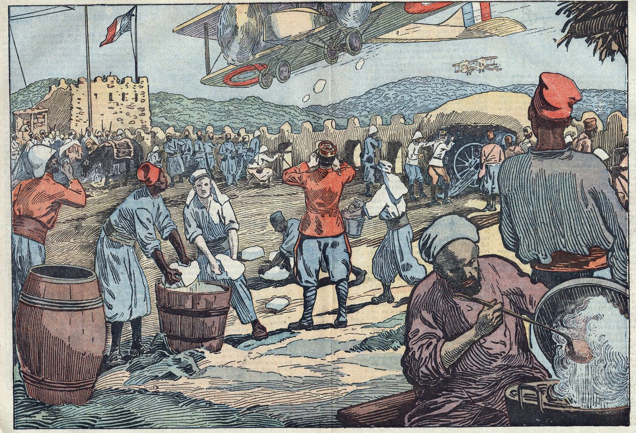 Guerre au Maroc : des avions français approvisionnent en glace un blockhaus assiégé par des dissidents marocains. Illustration de Damblans. Dans « Le Pèlerin » du 24 mai. - Eugene Damblans