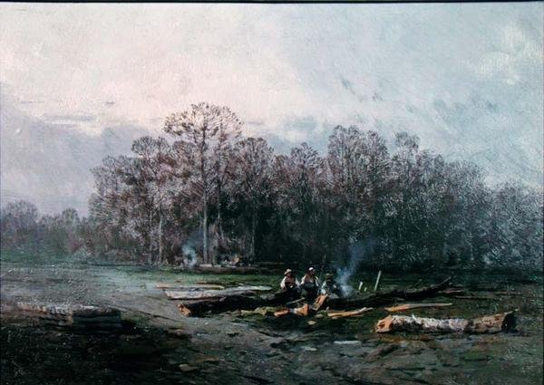 Paysage brumeux avec bûcherons - Eugene Deshayes