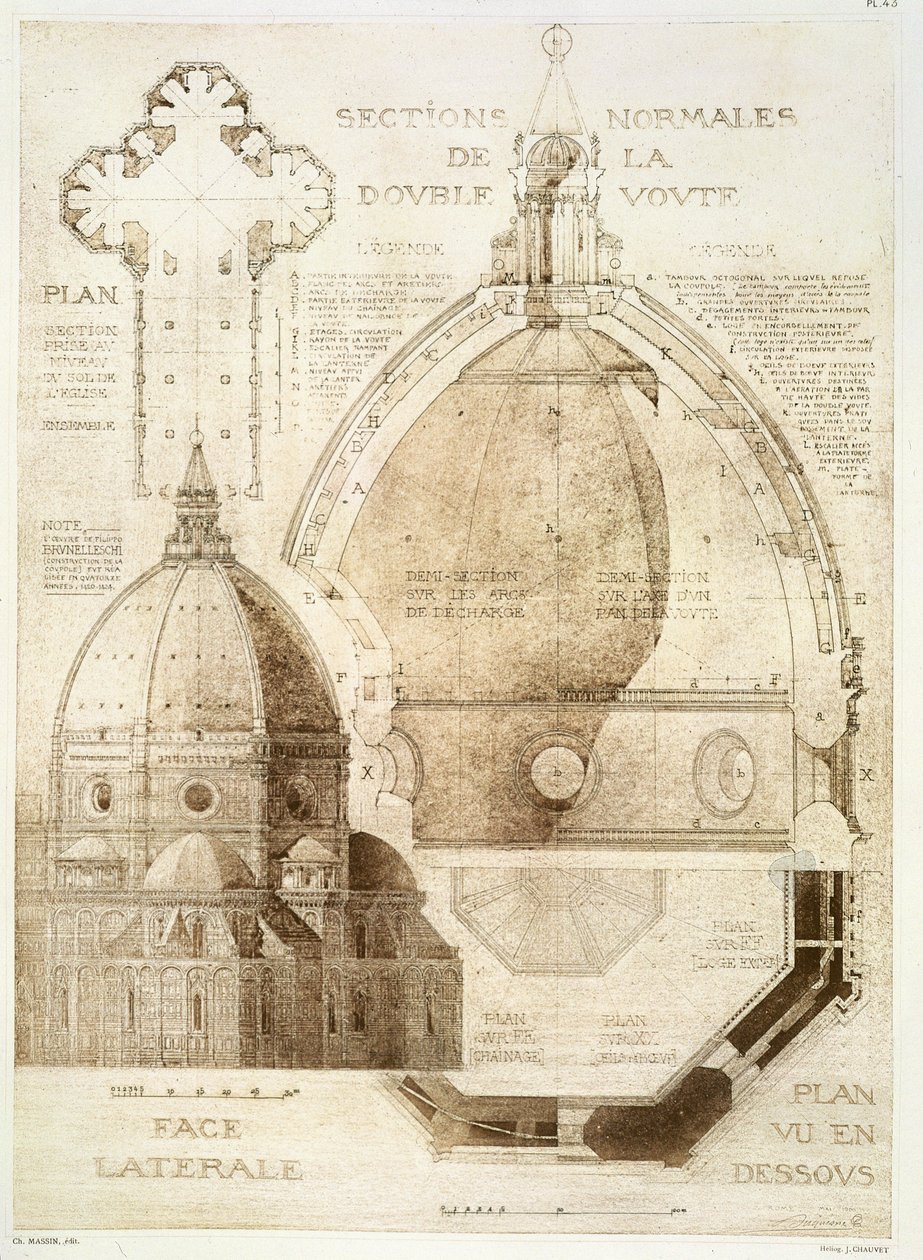 Plan, section et élévation de la cathédrale de Florence, de 