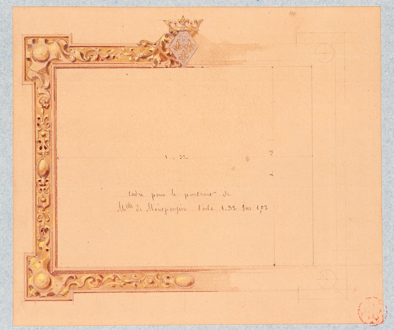 Conception de la corniche pour le portrait de Mademoiselle de Montpensier, par Eugène Emmanuel Viollet-Le-Duc (1814-1879), dessin à l