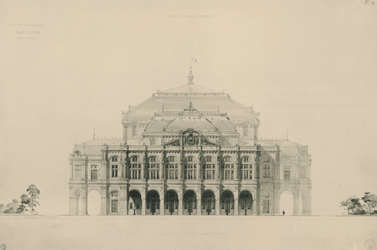 France, Paris, Dessins soumis par Viollet le Duc pour la construction du nouvel opéra de Paris - Eugene Emmanuel Viollet le Duc