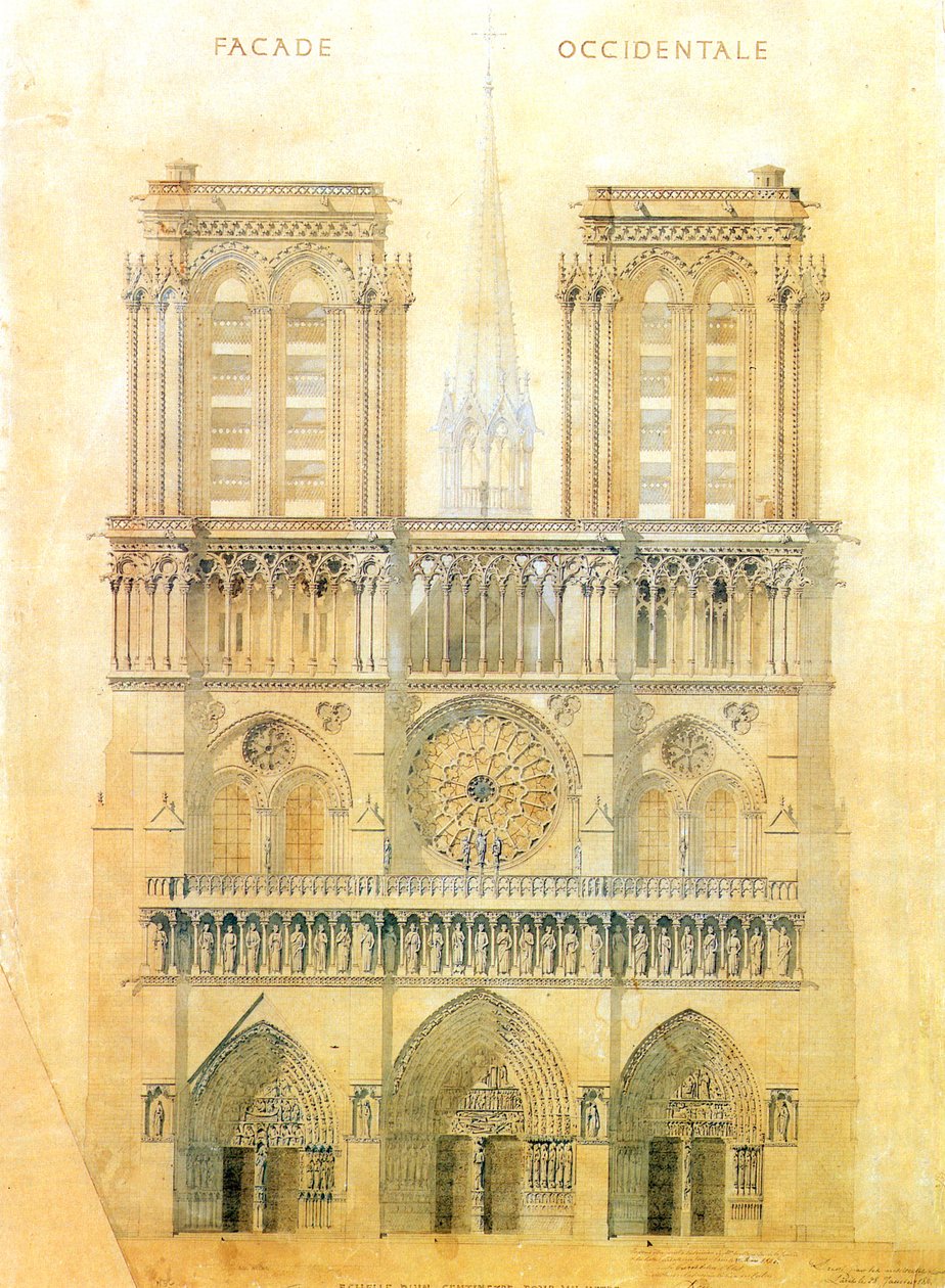 Projet de restauration de la façade ouest de la cathédrale Notre-Dame de Paris avec reconstruction de la flèche au croisement, 1843 - Eugene Emmanuel Viollet le Duc