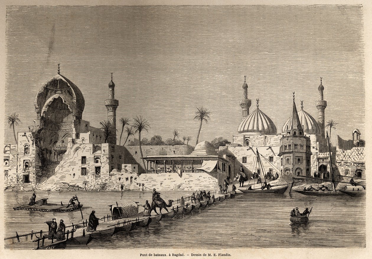 Un pont de bateaux, à Bagdad, dessin pour illustrer son voyage en Mésopotamie de 1840 à 1842. Gravure dans « Le tour du monde » 1861. Collection Selva - Eugene Flandin