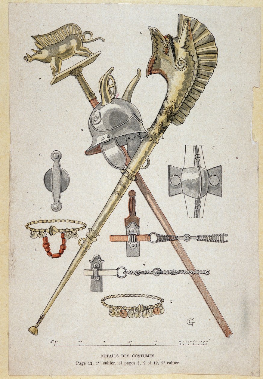 Accessoires du guerrier gaulois : bannière décorant un saglier, casque et carnyx - dans "Cahiers d