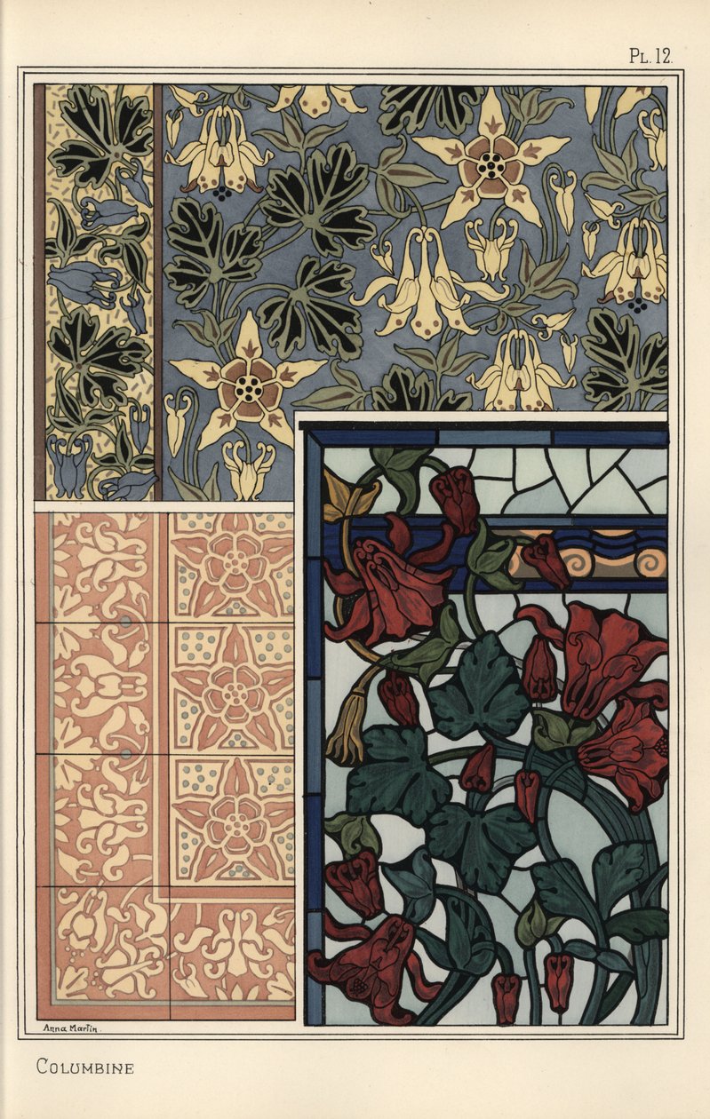 Ancolie, Aquilegia vulgaris, motif floral pour papier peint, vitraux et carreaux - Eugene Grasset