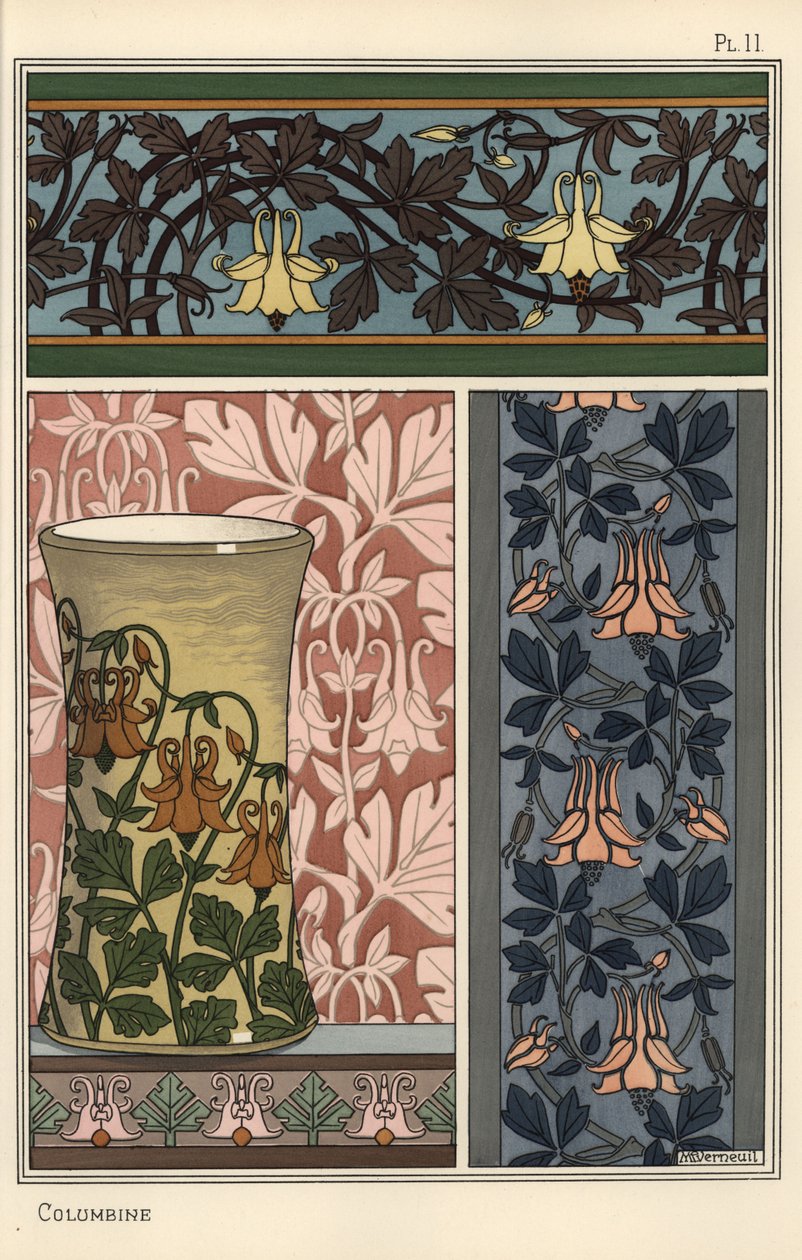 Fleur de colombine, Aquilegia vulgaris, dans des motifs pour papier peint, tissu et vase - Eugene Grasset