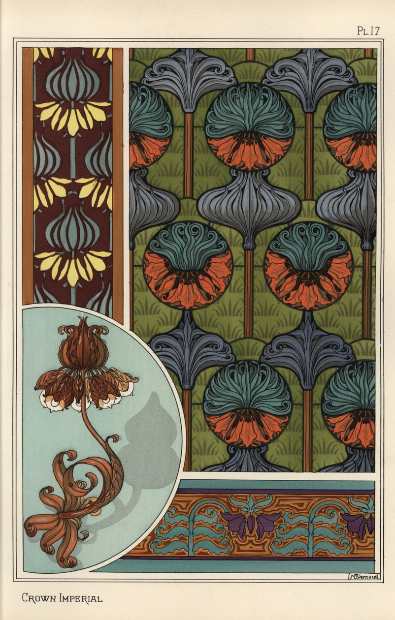 Fleur impériale, Fritillaria imperialis, dans des motifs de papier peint et de tissu, et comme design pour une lampe en fer forgé - Eugene Grasset