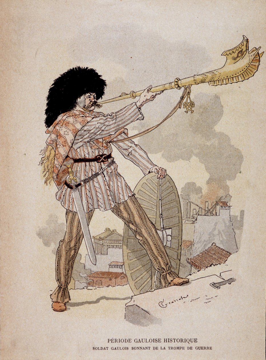 Soldat gaulois sonnant du cor de guerre (carnyx) - dans « Cahiers d