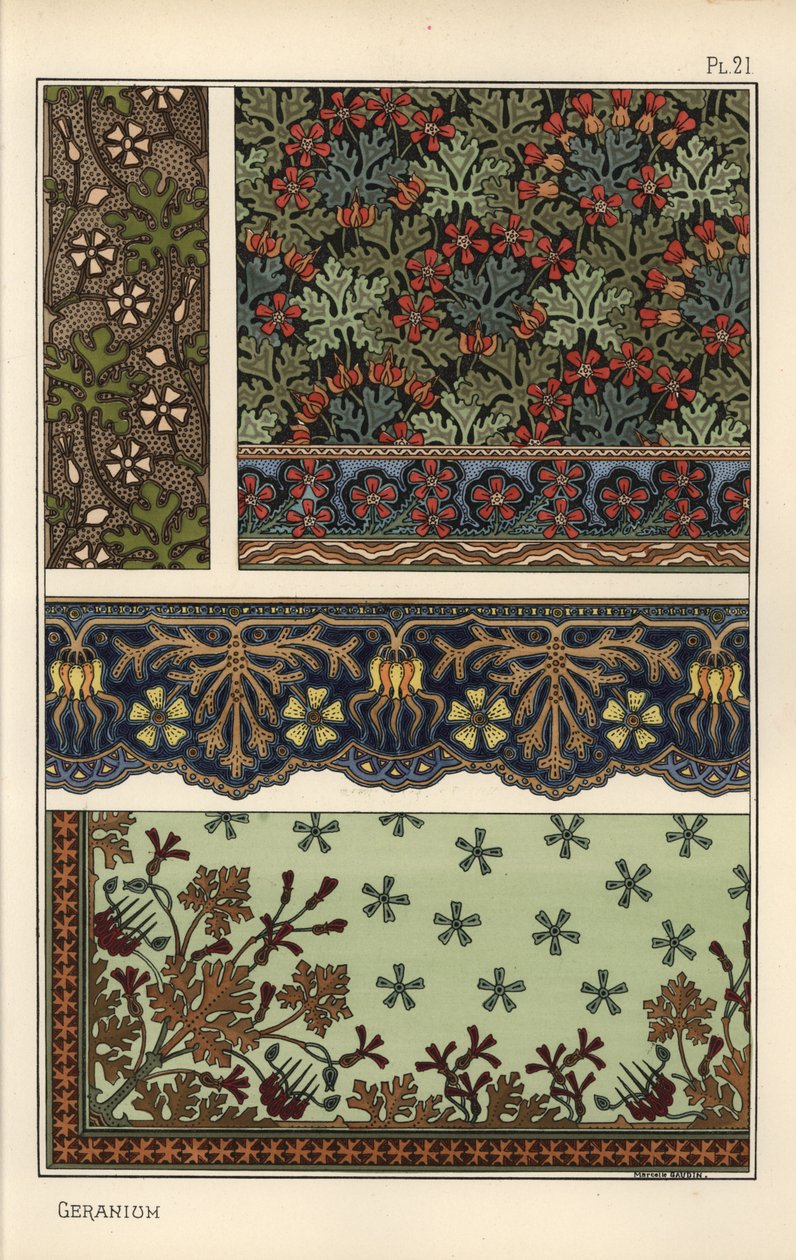 Motif de géranium dans des motifs de papier peint, bordure et tissu - Eugene Grasset