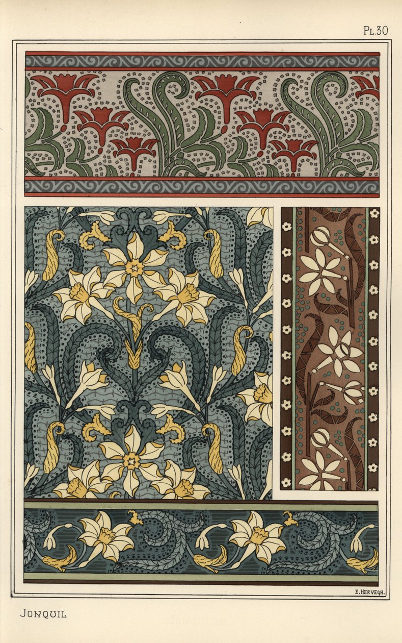Jonquille, Narcissus jonquilla, comme motif de design en papier peint et motifs de tissu - Eugene Grasset