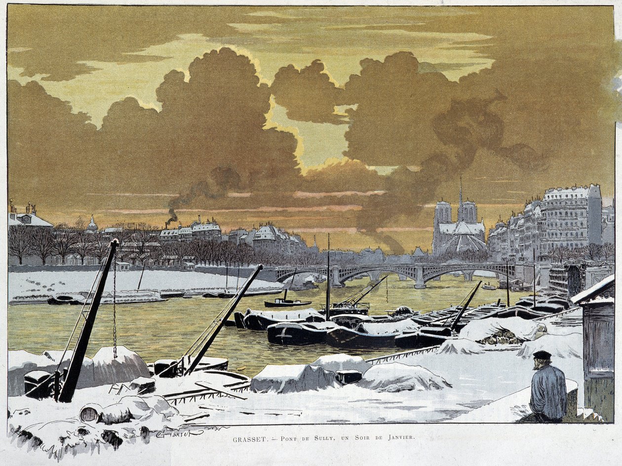 Le pont de Sully, à Paris couvert de neige, un soir de janvier 1886 - par Grasset - Eugene Grasset