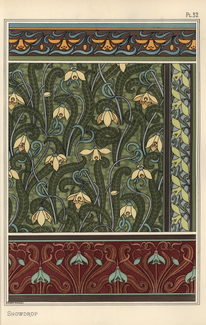 Perce-neige, Galanthus nivalis, comme motif de design dans des motifs de papier peint, bordures et tissus - Eugene Grasset
