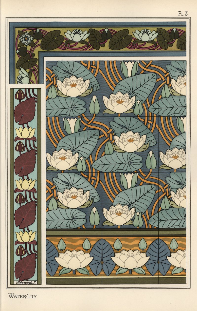 Le nénuphar, Nelumbo lutea, dans des motifs de papier peint et de carreaux - Eugene Grasset