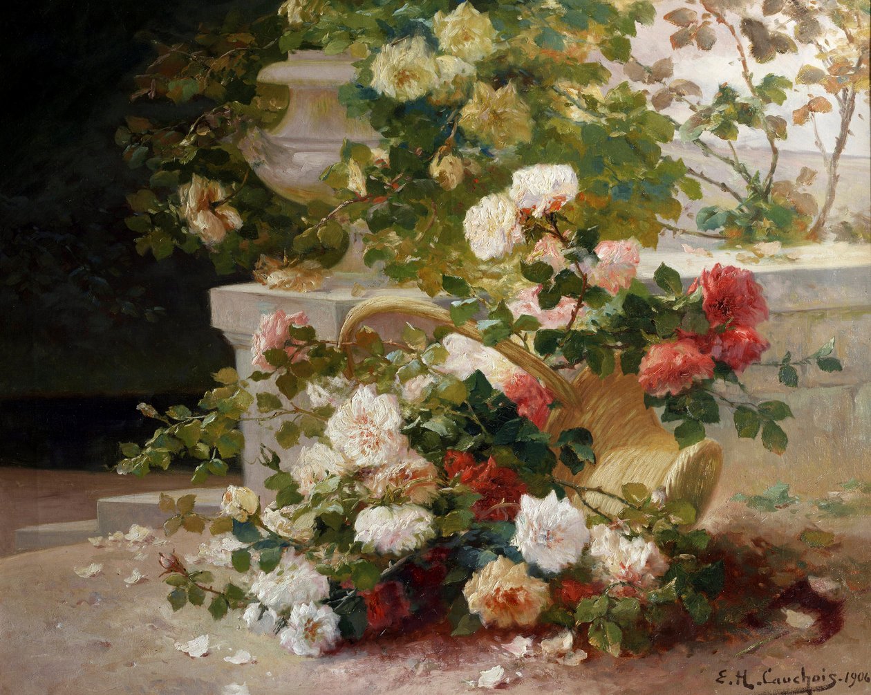 Panier de roses. Peinture de Eugene Henri Cauchois (1850-1911) Collection privee. - Eugene Henri Cauchois