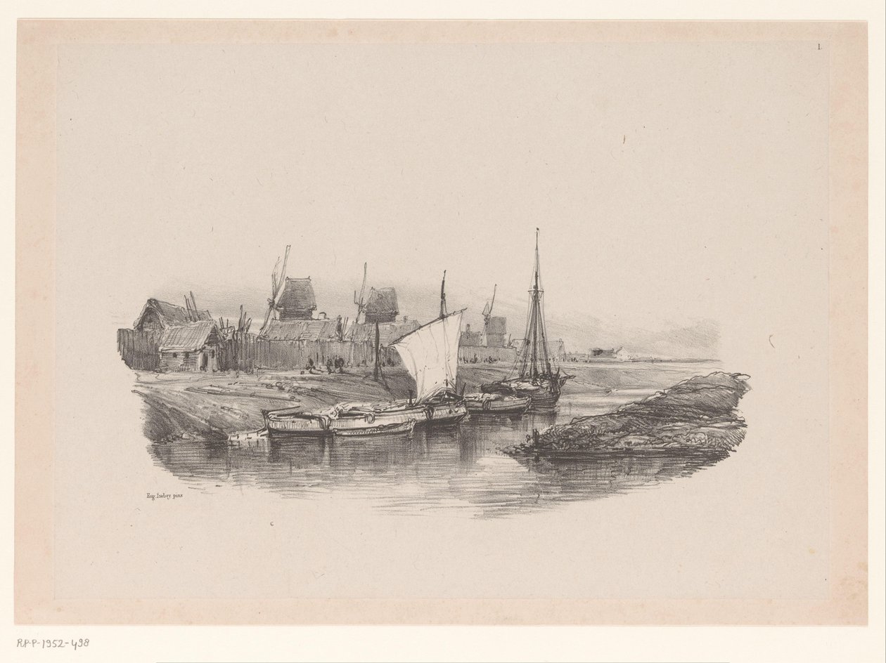 Port avec bateaux et moulins à vent - Eugene Isabey
