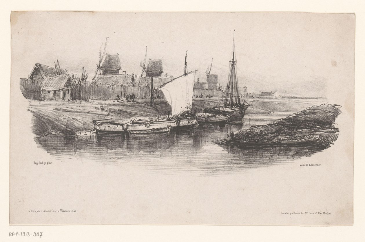 Port avec bateaux et moulins à vent - Eugene Isabey