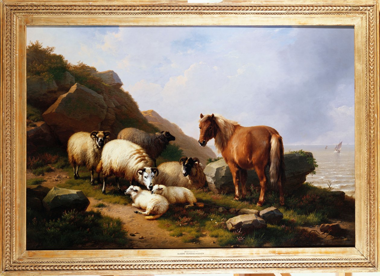 Un poney et des moutons sur une falaise avec un navire à voile au-delà, 1868 - Eugene Joseph Verboeckhoven
