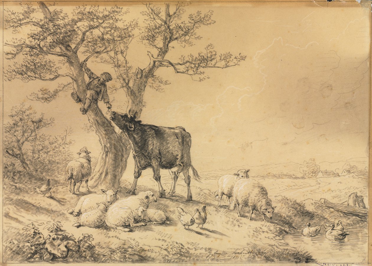 Paysage avec animaux et garçon dans un arbre, 1866 - Eugene Joseph Verboeckhoven