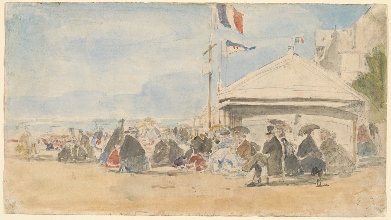 Maison de plage avec drapeaux à Trouville - Eugene Louis Boudin