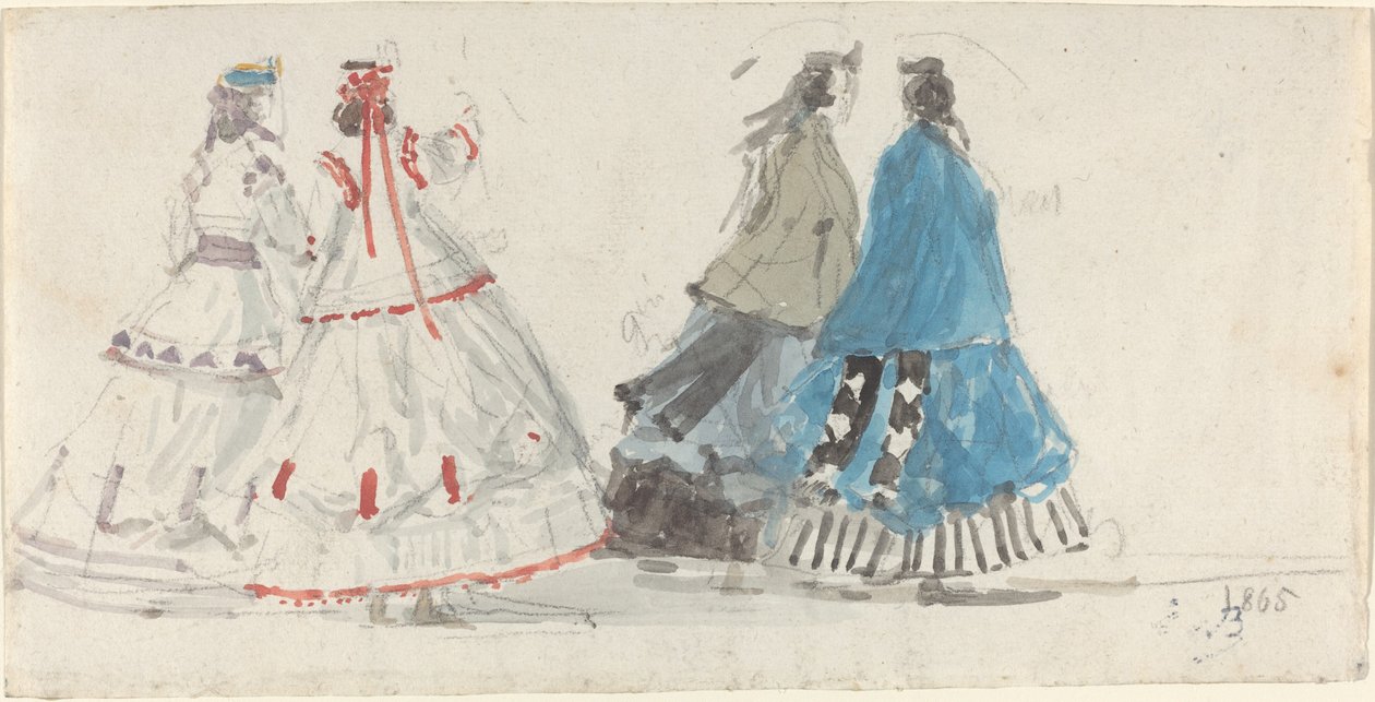 Quatre dames en crinolines marchant à Trouville - Eugene Louis Boudin