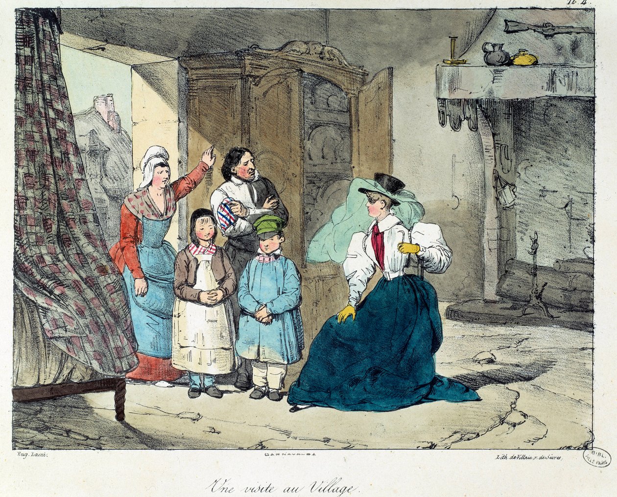 Une visite au village. Une femme riche visite une famille pauvre. Illustration du livre « La vie de château ». Gravure d