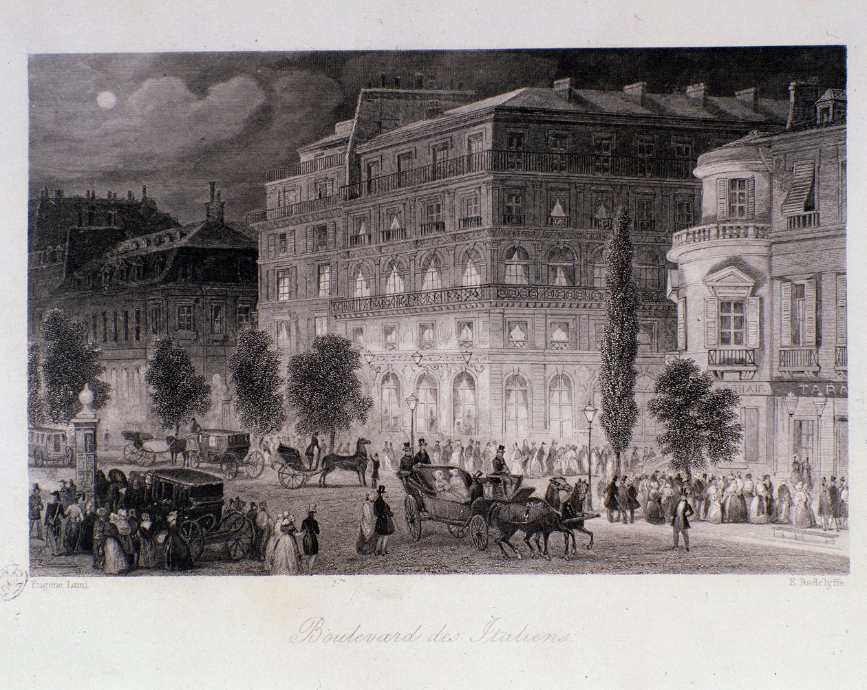 Animation autour des théâtres du boulevard des Italiens à Paris. Gravure d