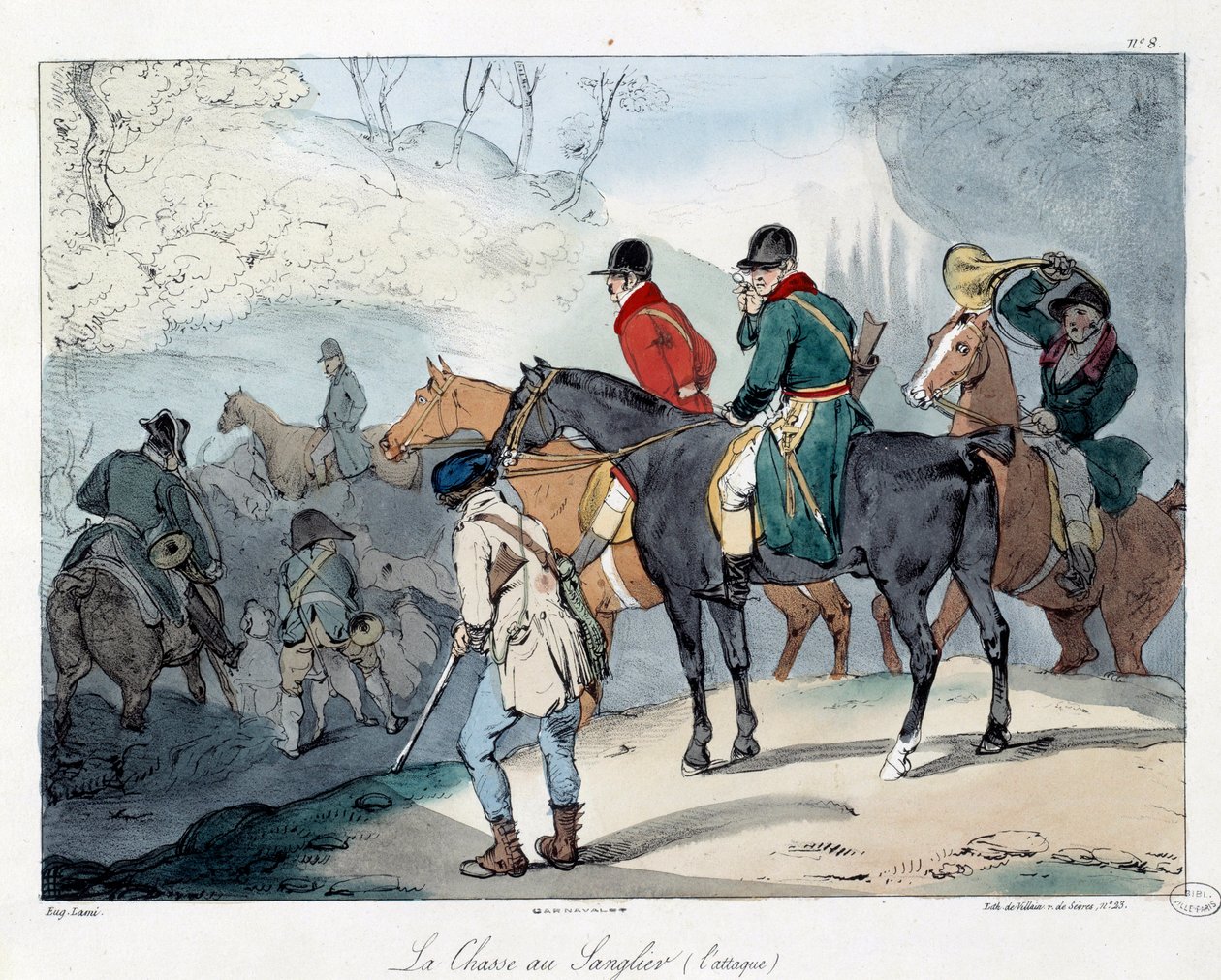 Chasse au sanglier. Illustration du livre "La vie de château" - Eugene Louis Lami