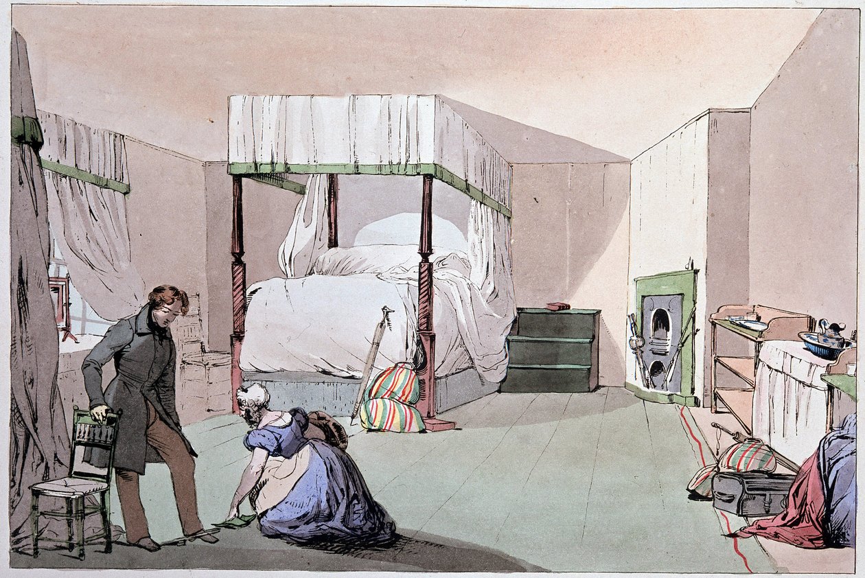 Auberge : un serviteur aidant un client à mettre ses chaussures. Illustration par Eugène Louis Lami (1800-1890), milieu du XIXe siècle - Eugene Louis Lami