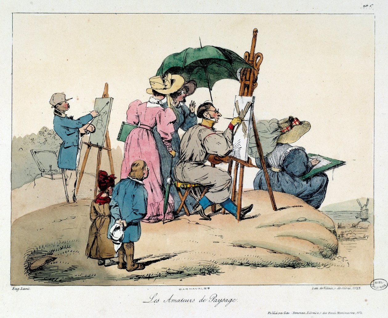 Amoureux des paysages. Peintres présentés regroupés pour peindre un paysage maritime. Illustration du livre la vie de château - Eugene Louis Lami