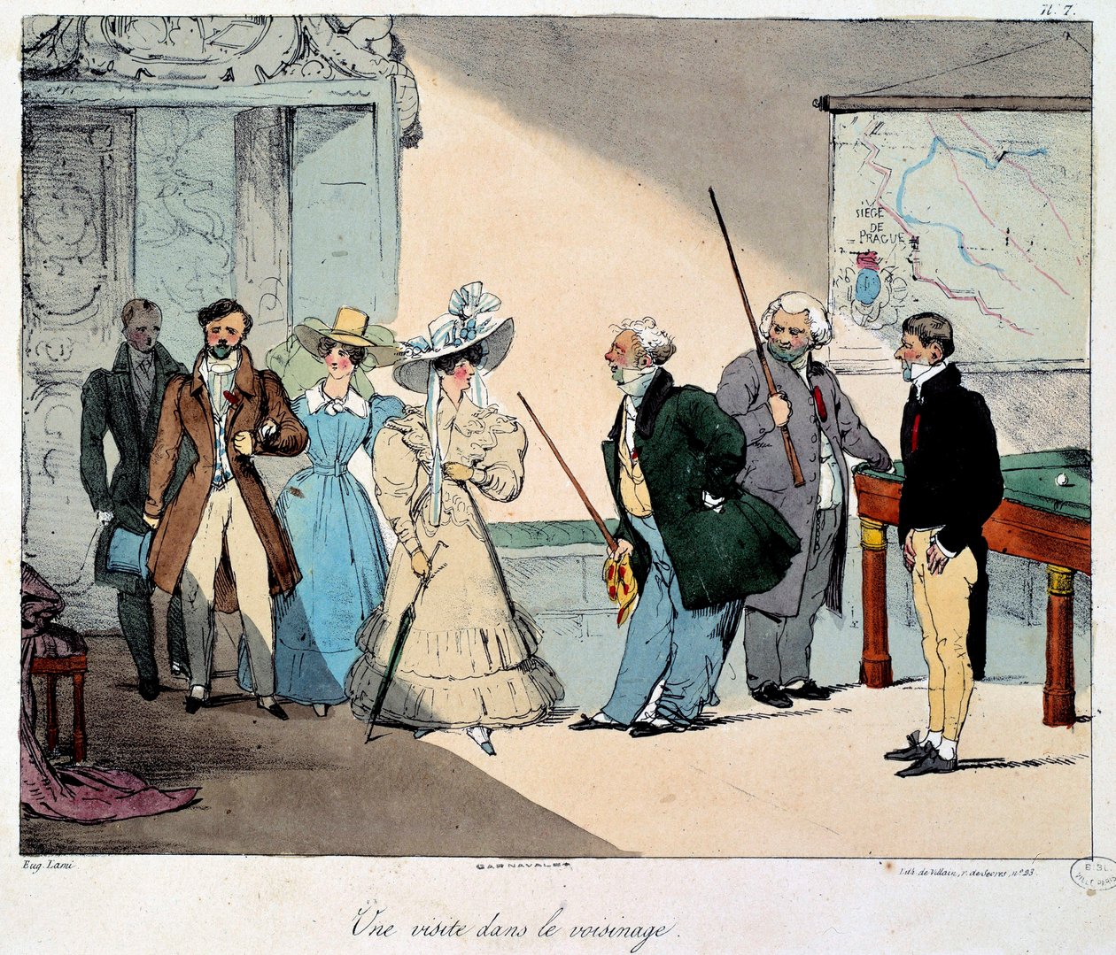 La vie au château : une visite au voisinage. Lithographie d