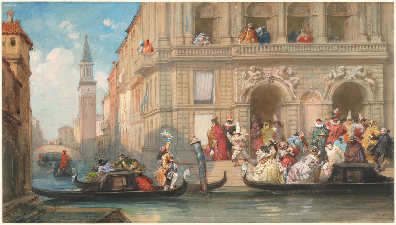 Mascarade embarquant sur des gondoles devant un palais vénitien - Eugene Louis Lami