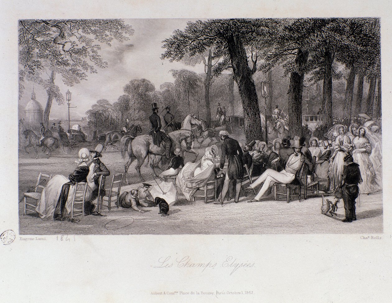Passagers et promeneurs sur les Champs-Élysées à Paris. Gravure d
