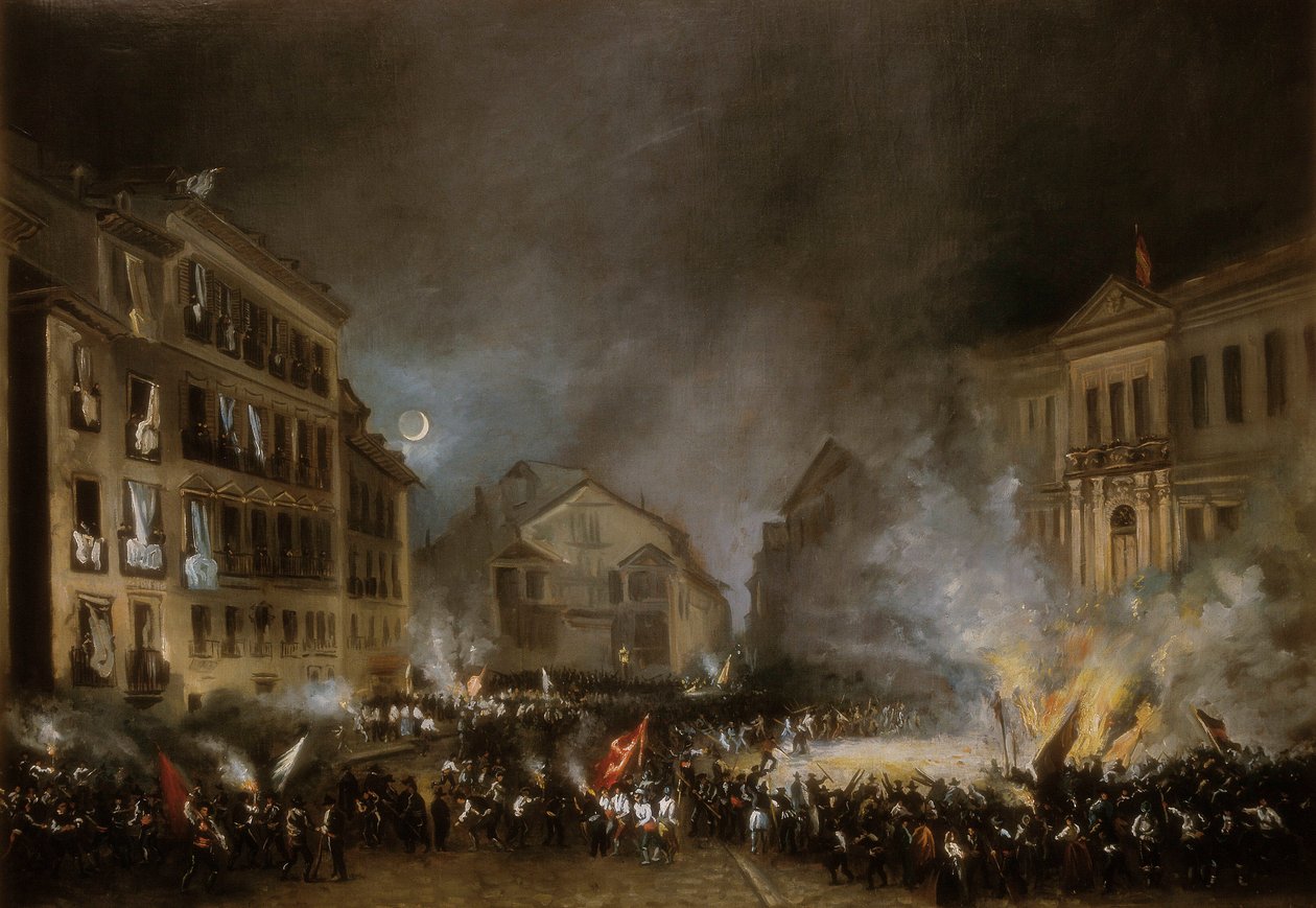 Épisode de la Révolution de 1854 à la Puerta del Sol à Madrid. Peinture d