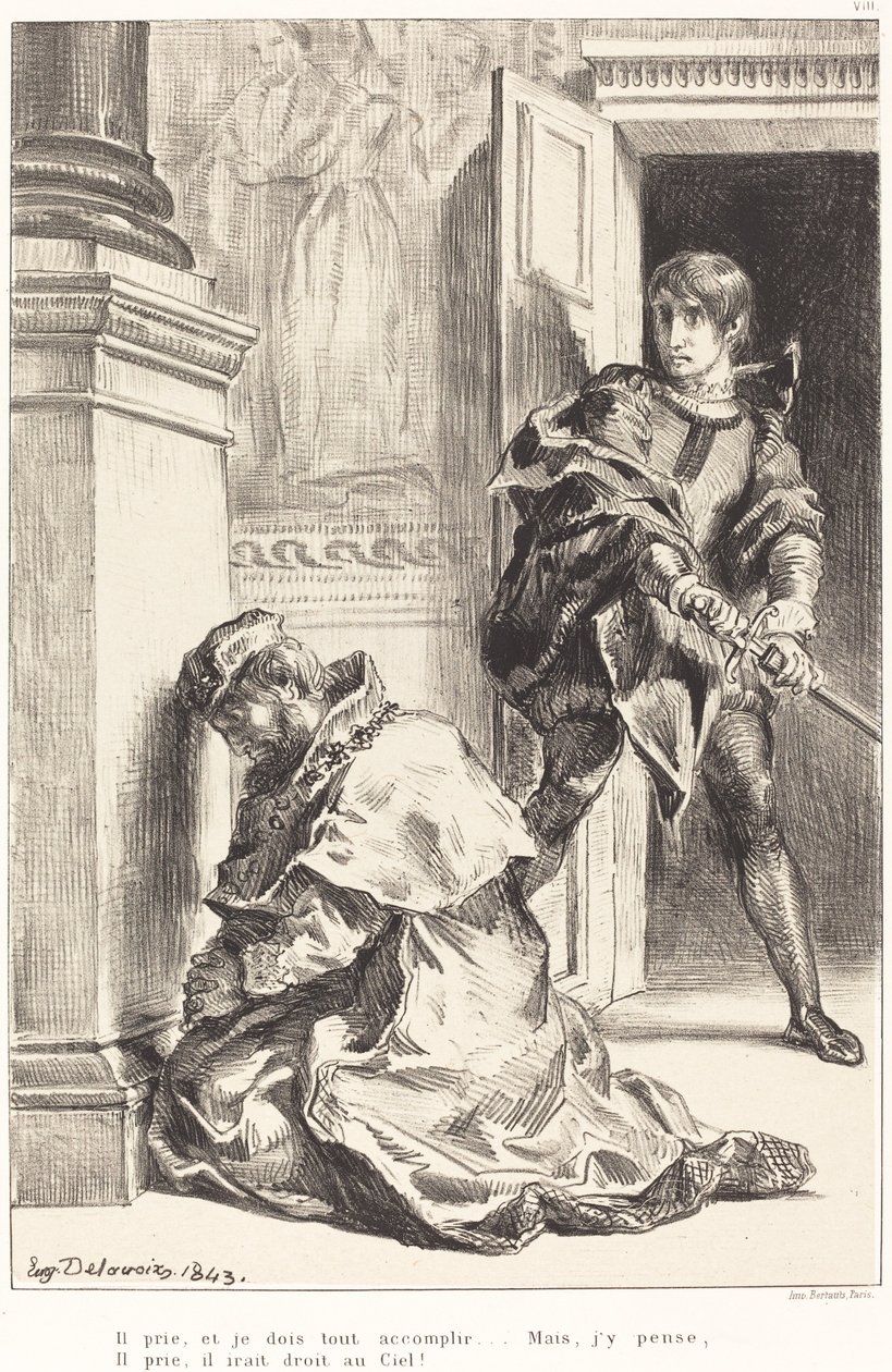 Hamlet est tenté de tuer le roi Acte III, Scène III, 1834-1843 - Eugène Delacroix