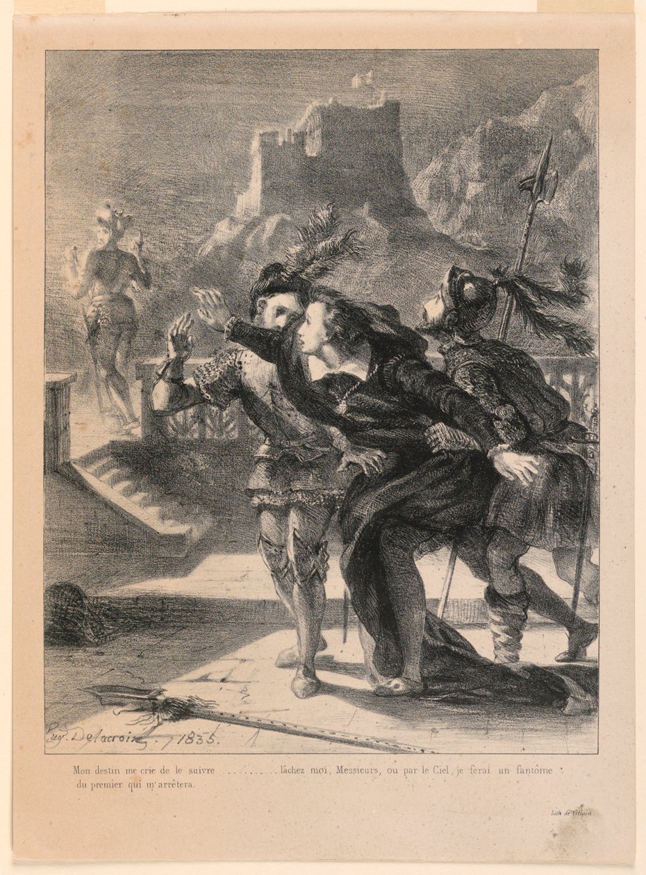 Illustration pour Hamlet : Hamlet essaie de suivre le fantôme de son père (I,4) - Eugène Delacroix