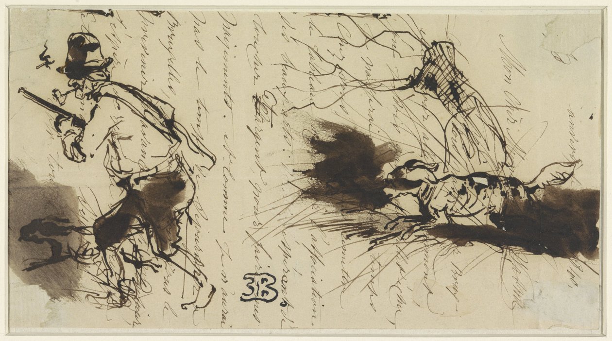 Chasseur avec chien, sur une lettre signée - Eugène François de Block