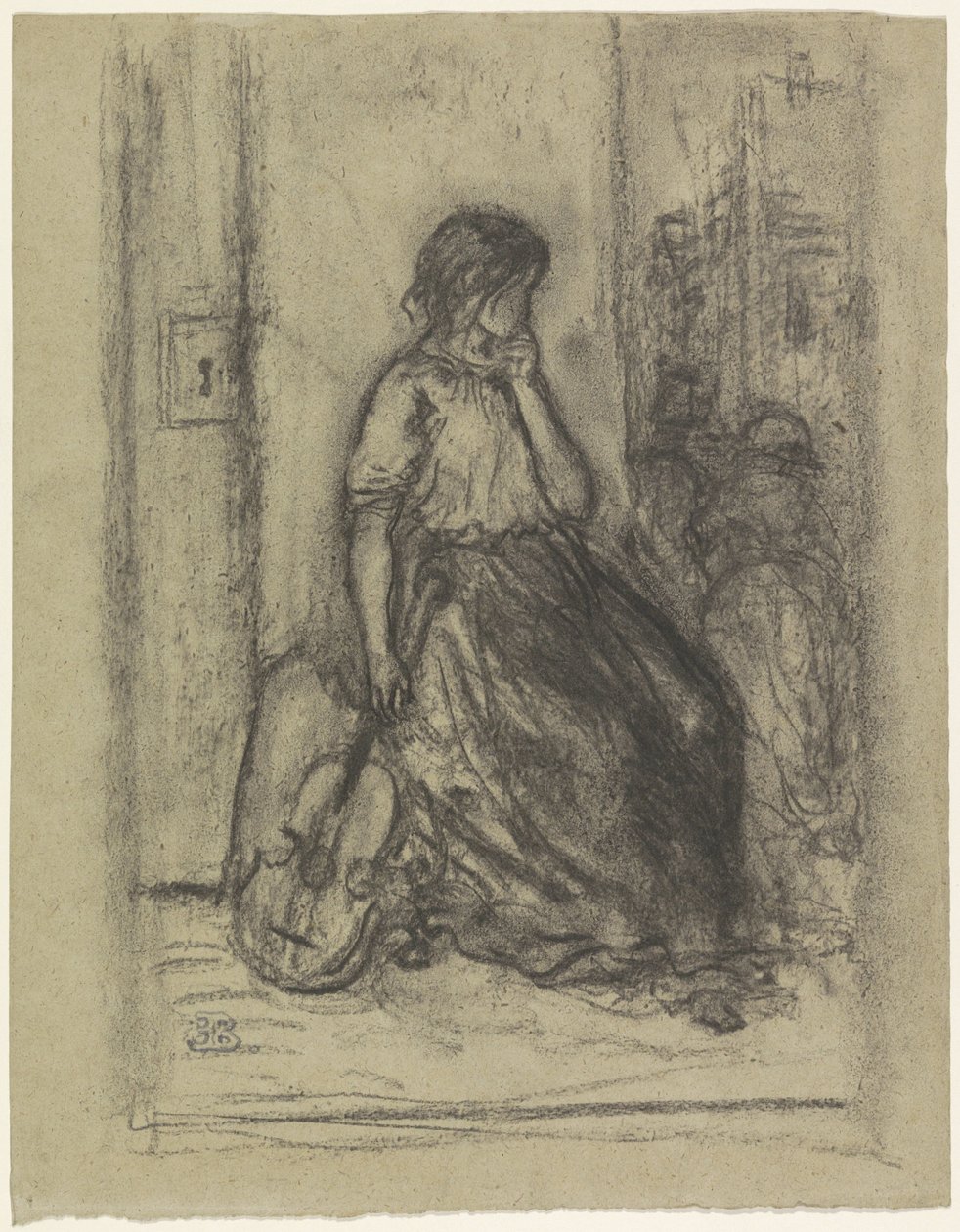 Musicienne de rue assise avec un violon - Eugène François de Block