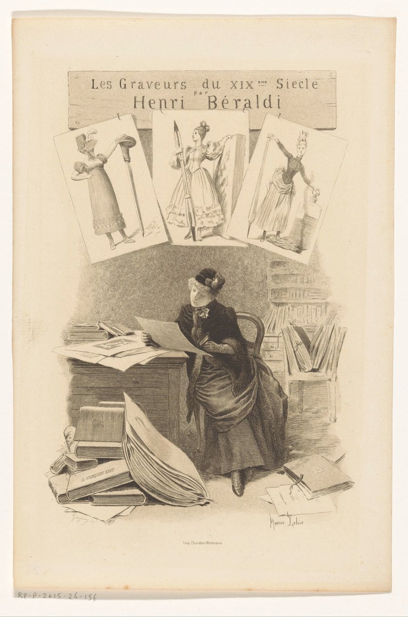 Femme regardant des estampes derrière un bureau - Eugène Gaujean