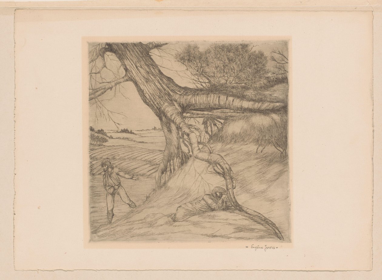 Semeur et figure allongée avec les mains jointes dans un paysage - Eugène Joors (signed by artist)