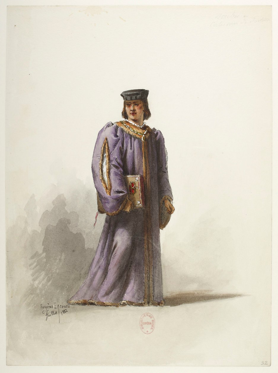 Btv1b84558104 32 - Saint-Saëns - Henry VIII - Maquettes de costumes - Lacoste - 32. Scribe en costume de docteur - Eugene Lacoste