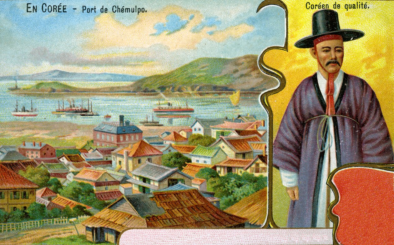 Un gentleman coréen en tenue traditionnelle (hanbok) et chapeau (gat) et une vue du port de Chemulpo (Incheon), 1904 - European School