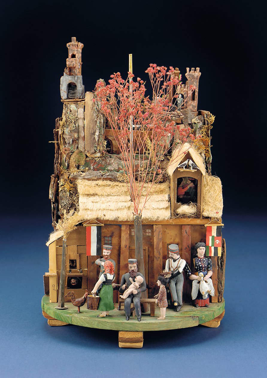 Scène mécanique militaire de soldats, les figures en bois devant une maison en chaume, fin 19ème siècle - European School